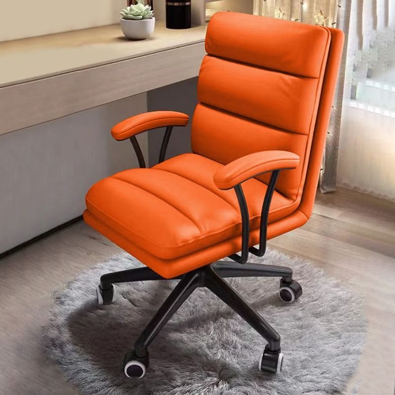 Minimalist Lifting Swivel Citrus Color Calfskin Office Furniture with Swivel Wheels and Armrest, Orange, Black, Latex