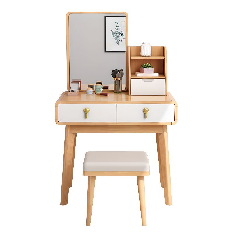 Unfinished Color, Sleeping Room Ground Push-Pull No Floating Dressing Table with Tabletop Storage, Makeup Vanity & Stools, Wood/ White, 27.6"L x 15.7"W x 50.4"H