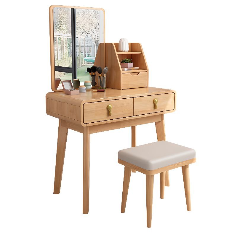 Unfinished Color, Sleeping Room Ground Push-Pull No Floating Dressing Table with Tabletop Storage, Makeup Vanity & Stools, Natural Finish, 27.6"L x 15.7"W x 50.4"H