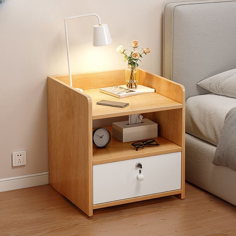 1 Drawer Organic Modern Engineered Wood Open Shelf Nightstand, Maple, With Locks, 14"L x 12"W x 18"H