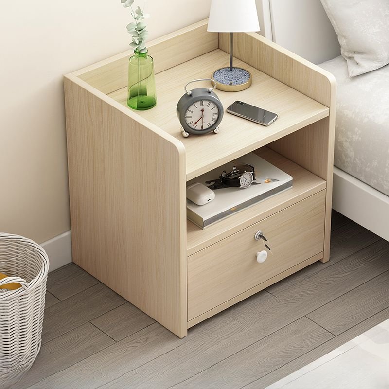 1 Drawer Organic Modern Manufactured Wood Open Shelf Nightstand, Oak, With Locks, 14"L x 12"W x 18"H
