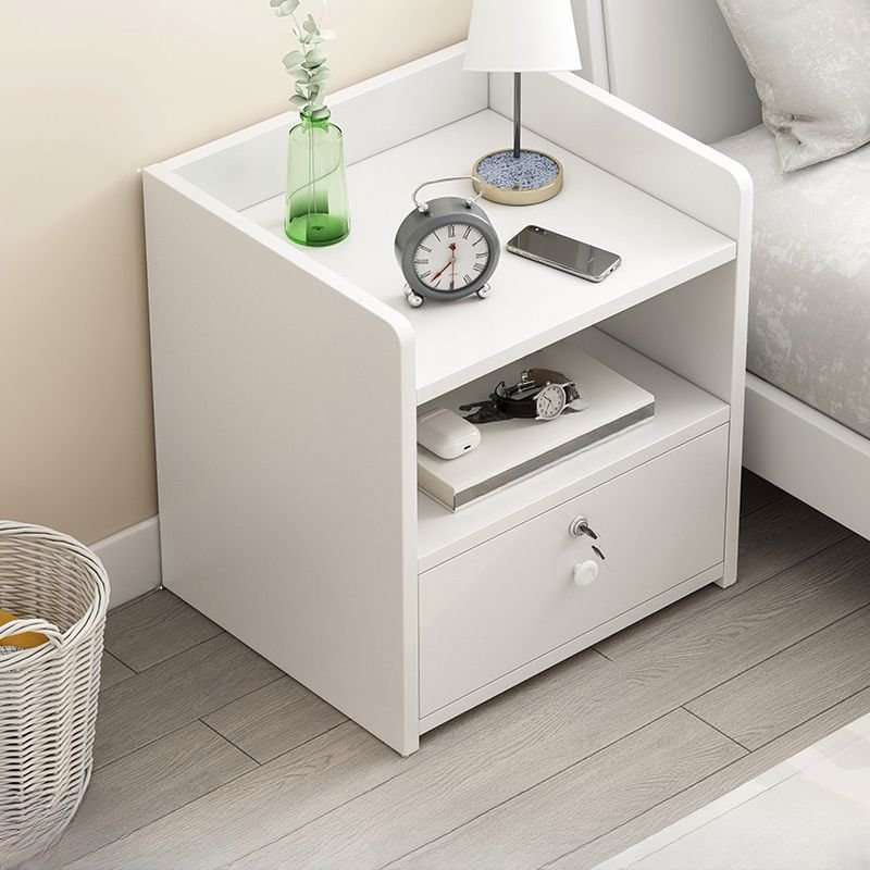 1 Drawer Organic Modern Composite Wood Open Shelf Nightstand, Warm White, With Locks, 14"L x 12"W x 18"H