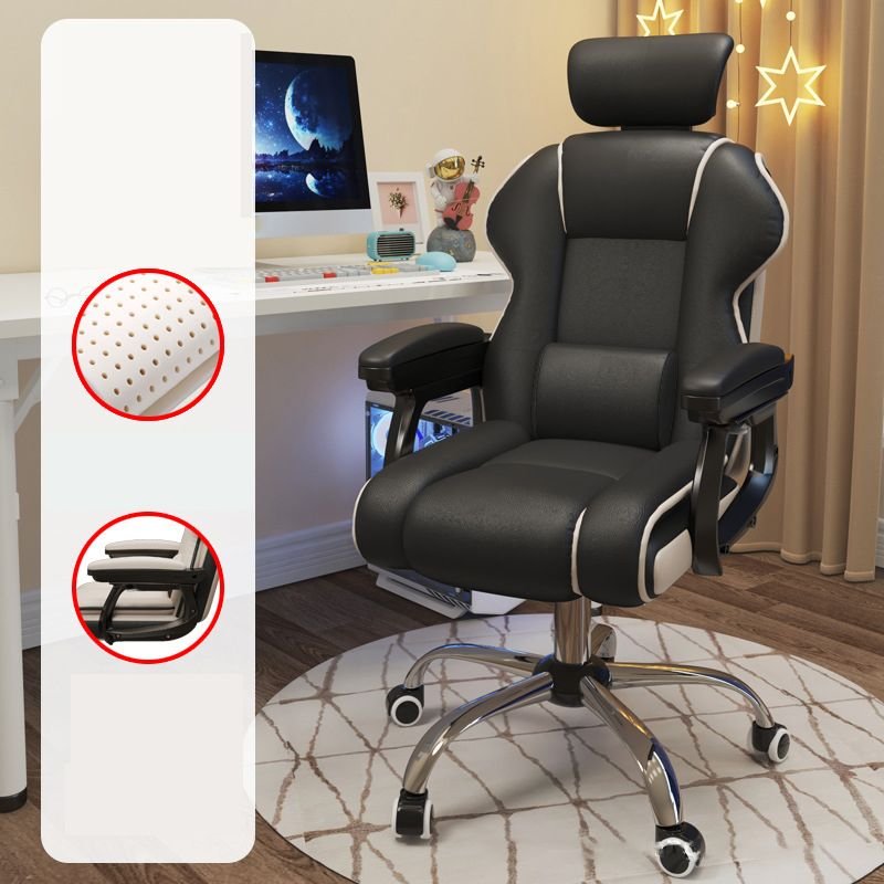 Minimalist Adjustable Back Angle Ergonomic Lifting Rotatable Black Leather Executive Chair with Pillow, Back and Wheels, Black, Sponge, Without Footrest