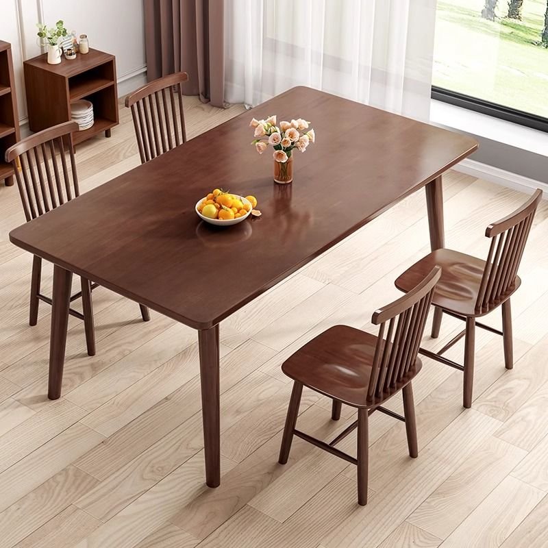 5 Piece Set Fixed Rectangle Dining Table Set with 4 Legs, a Wood Slab Top in Cocoa and Windsor Back Chair, Table & Chair(s), 47.2"L x 27.6"W x 29.5"H, 33.9"H x 17.7"W x 17.7"D