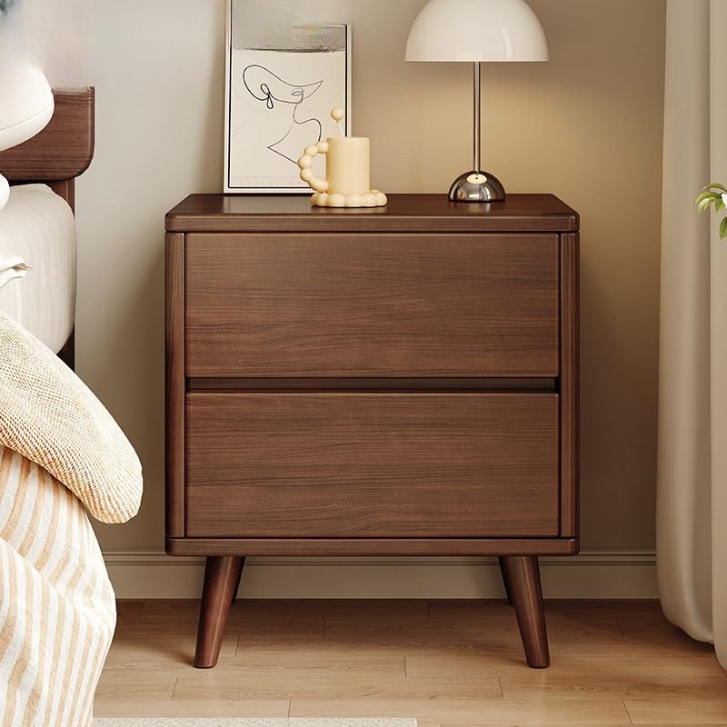 Simplistic Wood Drawer Storage Bedside Table with 2 Drawers & Leg, Nut-Brown, 20"L x 16"W x 20.5"H
