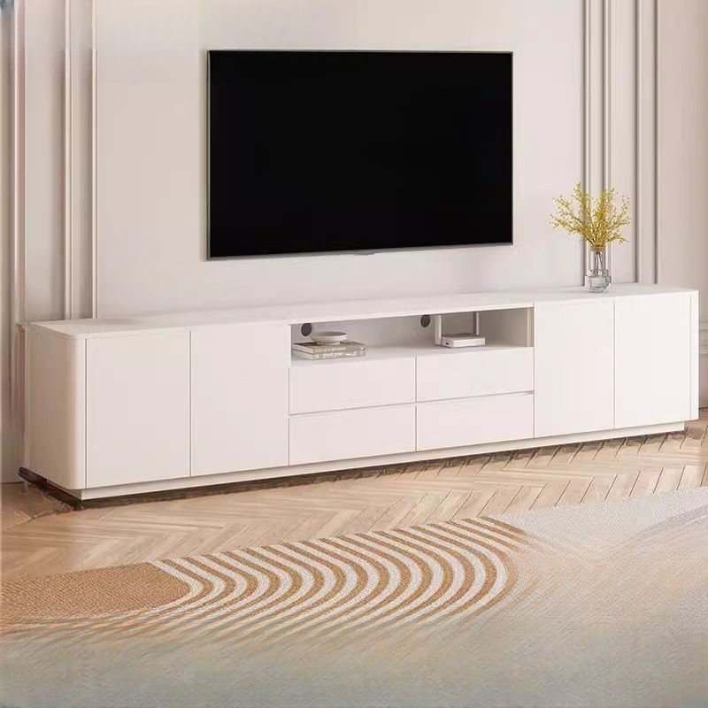 Chalk Rectangular TV Stand with 4 Drawers, Exposed Storage, 2 Cabinets, and Shelf for Sitting Room, 102"L x 14"W x 24"H