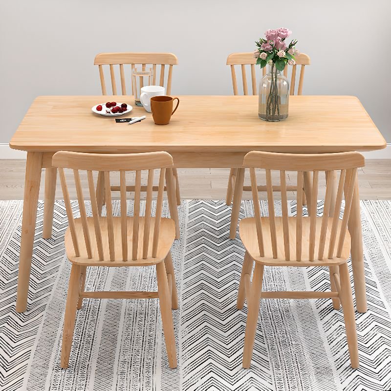 Casual Rectangle Dining Table Set with a Rubberwood Top in Sand and Windsor Back Chairs for Seats 4, Table & Chair(s), 5 Piece Set, 63"L x 31.5"W x 29.5"H