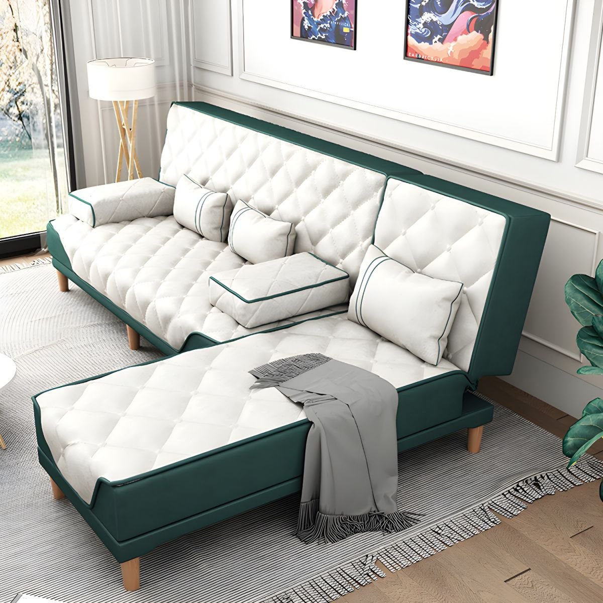 Contemporary Tight Back Convertible Sofa and Chaise with Pillow Top Arm - 73"L x 57"W x 34"H Atrovirens/ White Tech Cloth