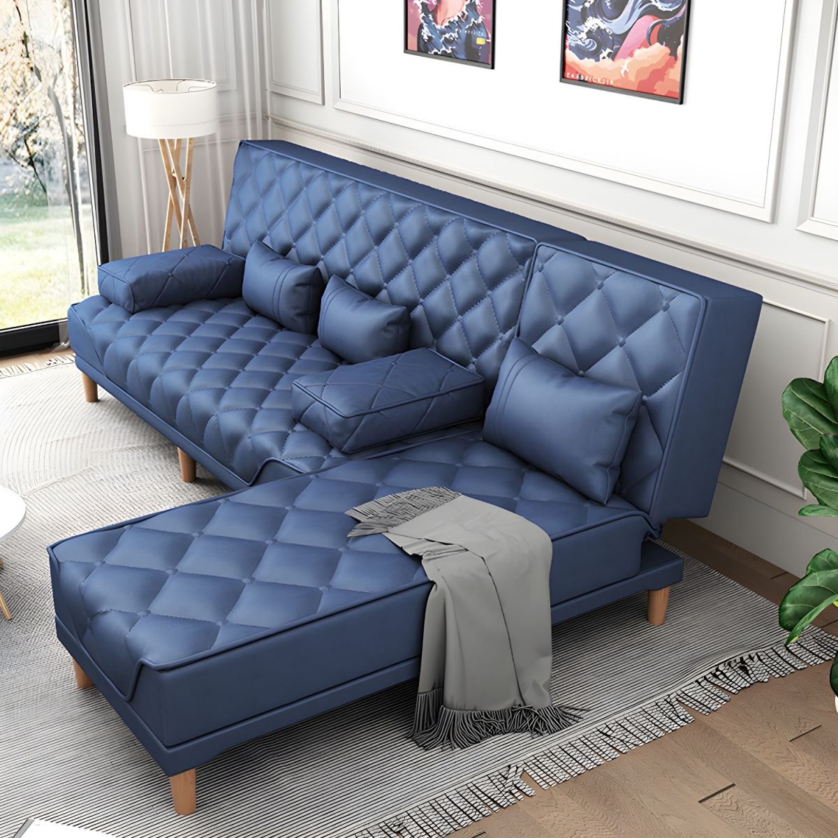 Contemporary Tight Back Convertible Sofa and Chaise with Pillow Top Arm - 73"L x 57"W x 34"H Dark Blue Tech Cloth