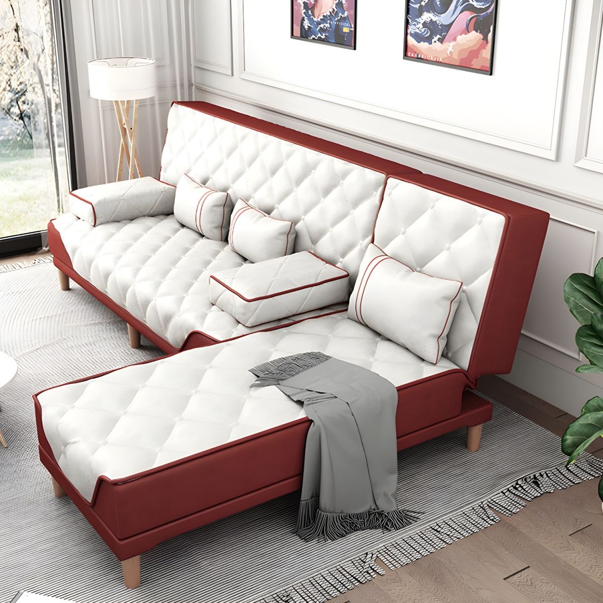 Contemporary Tight Back Convertible Sofa and Chaise with Pillow Top Arm - 96"L x 57"W x 34"H Red-White Tech Cloth
