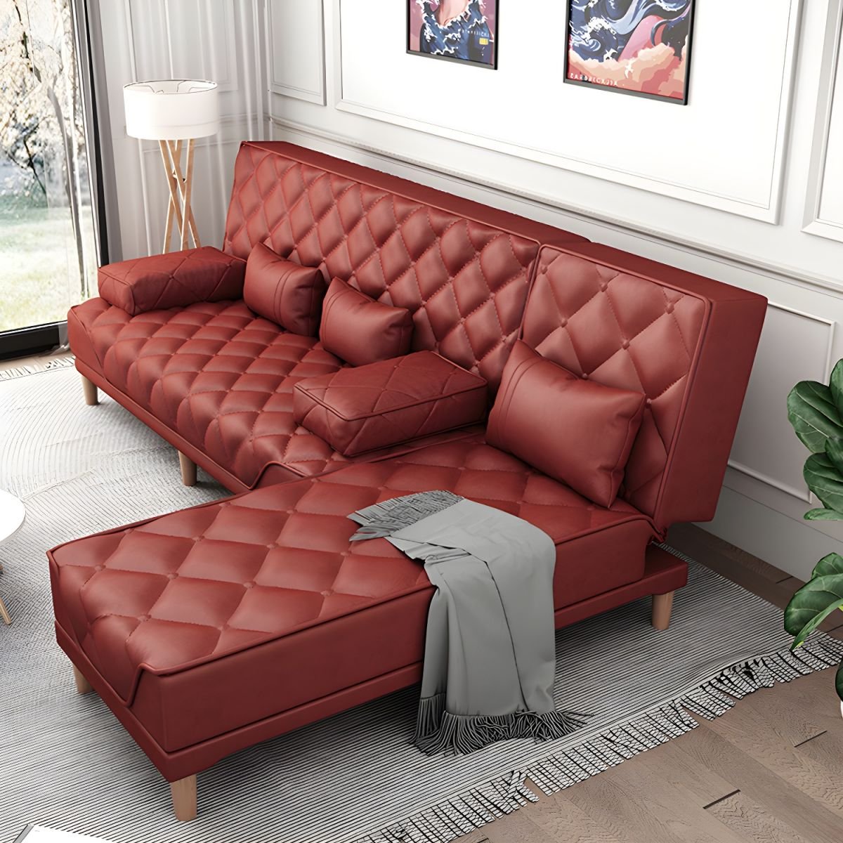 Contemporary Tight Back Convertible Sofa and Chaise with Pillow Top Arm - 96"L x 57"W x 34"H Red Tech Cloth