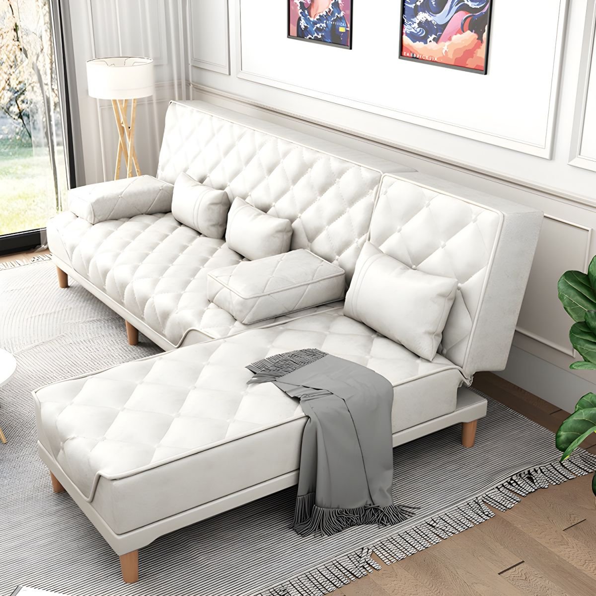 Contemporary Tight Back Convertible Sofa and Chaise with Pillow Top Arm - 96"L x 57"W x 34"H Gray-White Tech Cloth