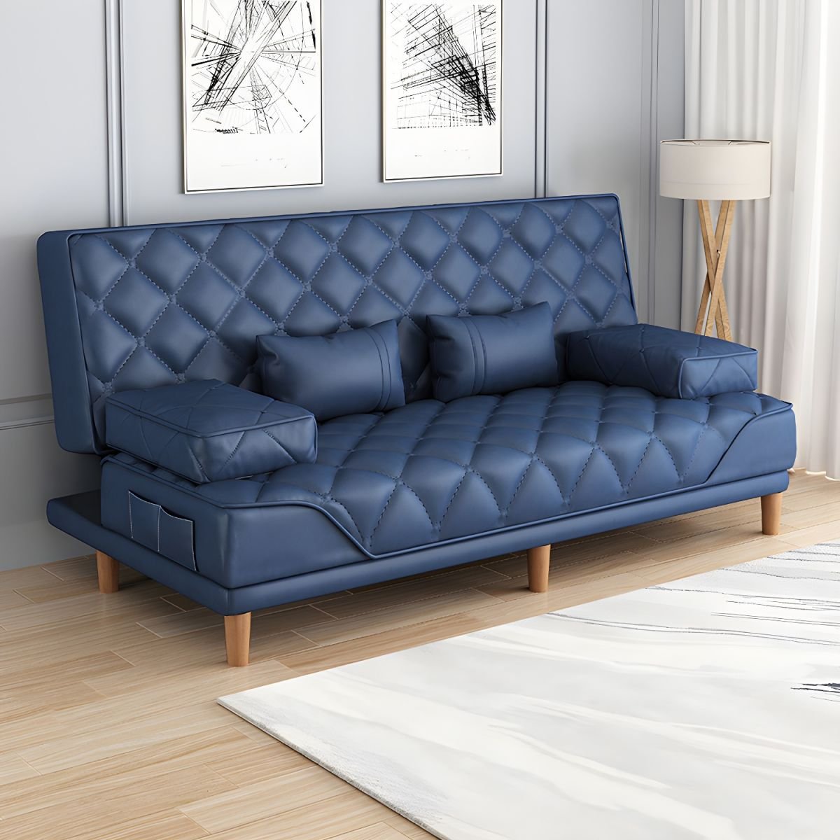 Contemporary Tight Back Convertible Sofa and Chaise with Pillow Top Arm - 47"L x 30"W x 34"H Dark Blue Tech Cloth