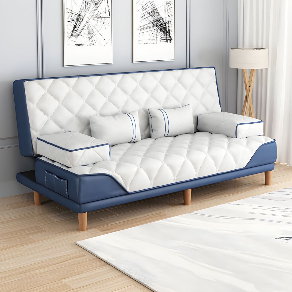 Contemporary Tight Back Convertible Sofa and Chaise with Pillow Top Arm - 47"L x 30"W x 34"H Dark Blue/ White Tech Cloth