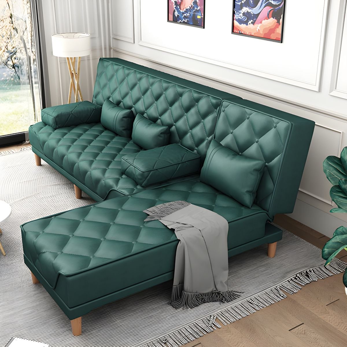 Contemporary Tight Back Convertible Sofa and Chaise with Pillow Top Arm - 73"L x 57"W x 34"H Blackish Green Tech Cloth