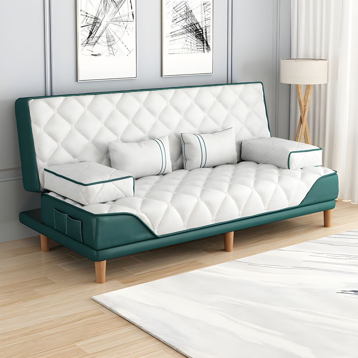Contemporary Tight Back Convertible Sofa and Chaise with Pillow Top Arm - 47"L x 30"W x 34"H Atrovirens/ White Tech Cloth