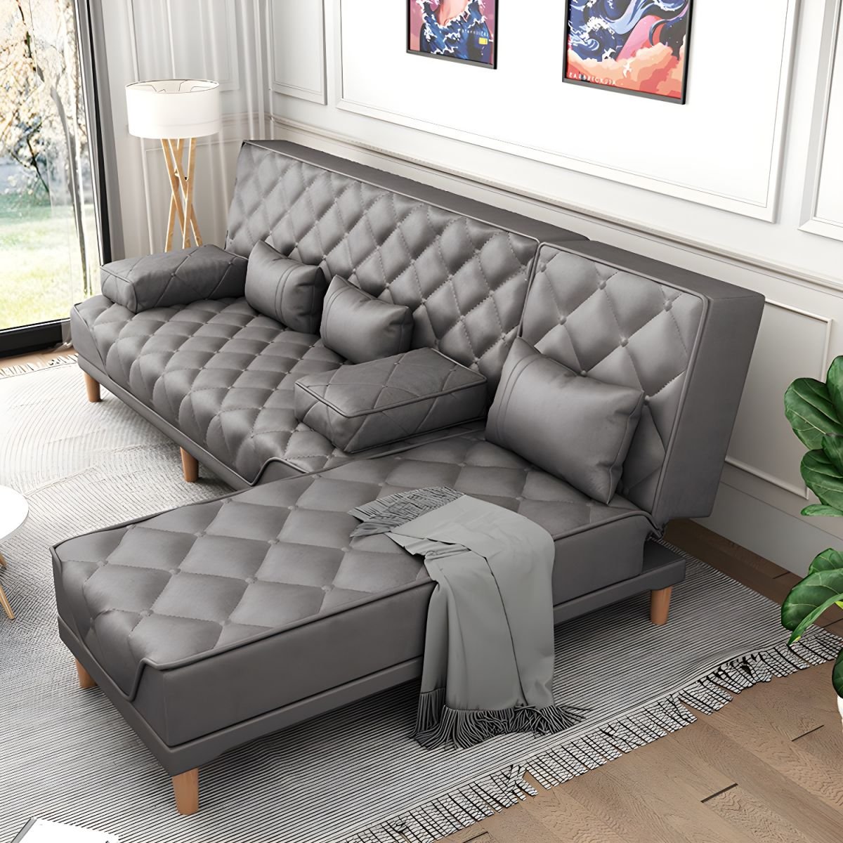 Contemporary Tight Back Convertible Sofa and Chaise with Pillow Top Arm - 73"L x 57"W x 34"H Dark Gray Tech Cloth