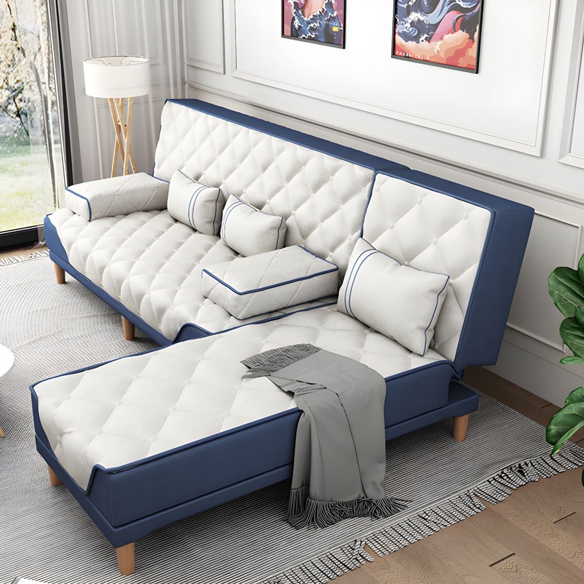 Contemporary Tight Back Convertible Sofa and Chaise with Pillow Top Arm - 73"L x 57"W x 34"H Dark Blue/ White Tech Cloth