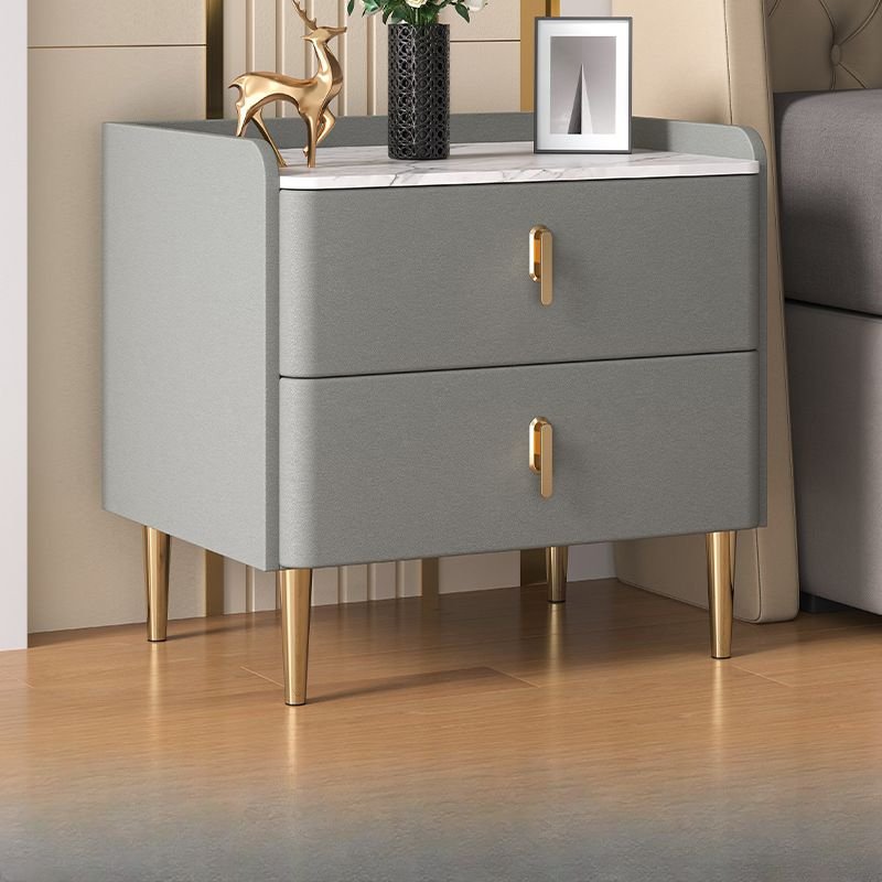 2 Drawers Casual Stone Nightstand With Drawer Storage & Leg, Light Gray/ Gold, 18"L x 16"W x 20"H