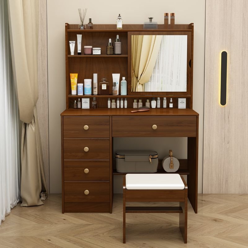 5 Drawers Modern Simple Style Brown Wood Bedroom Vanity with Adjustable Mirror & Tabletop Storage, No suspended, Makeup Vanity & Stools, Nut-Brown, 31"L x 15"W x 52"H
