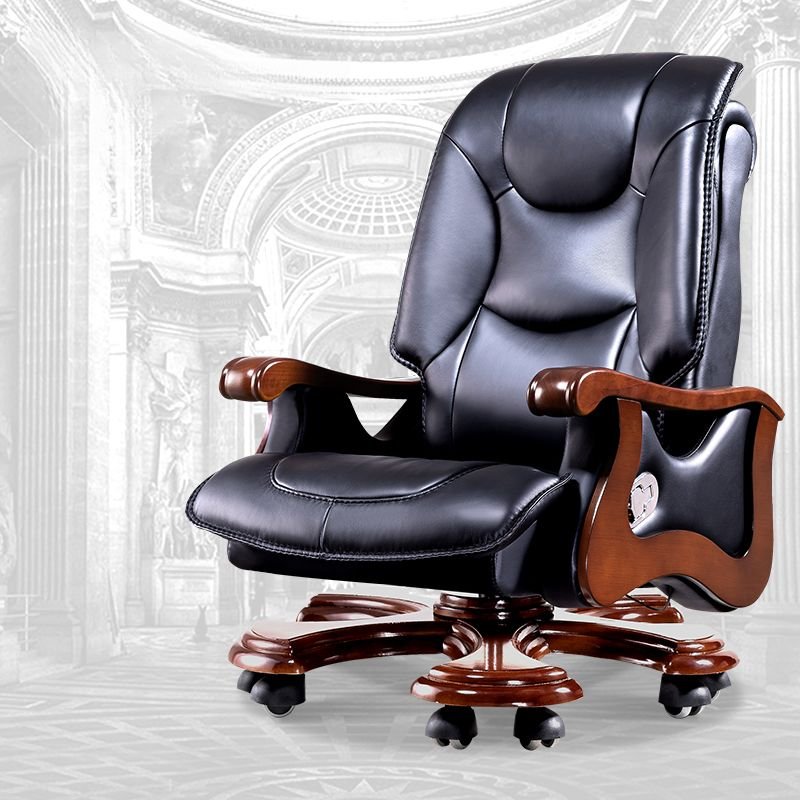 Adjustable Back Angle Tilt Available Rotatable Lifting Ink Tanned Hide Executive Chair with Swivel Wheels, Back and Armrest, Black, Interface Genuine Leather, Without Footrest