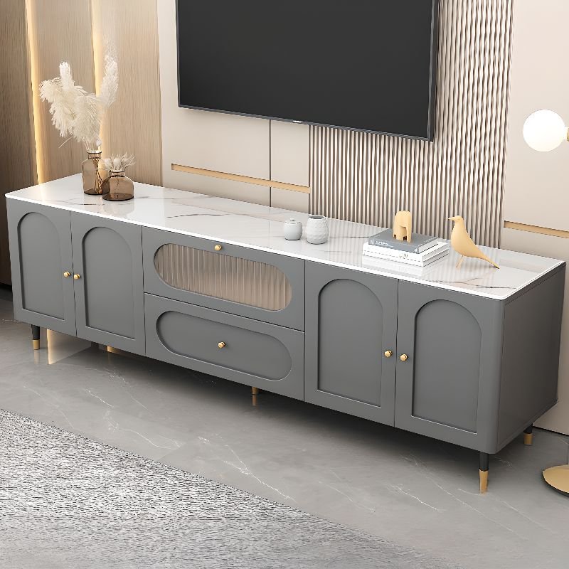 Dove Grey Rectangular TV Stand with 3-Cabinet, Adjustable Shelving and Self Close Drawer, Sintered Stone Counter Slab and Cable Management, 63"L x 14"W x 26"H