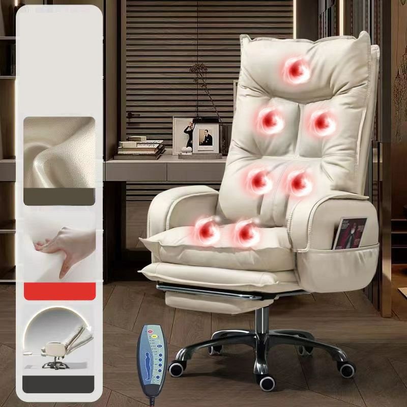 Art Deco Massage Ergonomic Leather Executive Chair in Cream with Fixed Arms and Adjustable Back Angle, White, Latex, With Footrest