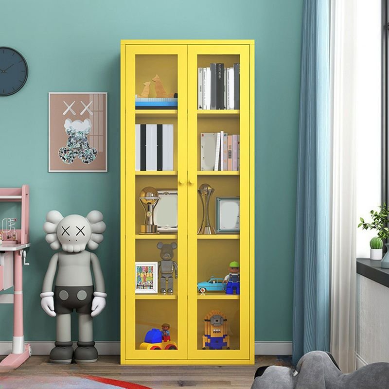 Yellow Metal Water-resistant Utility Storage Cabinet with 4 Shelves Living Room, Yellow, 27.6"L x 13.8"W x 70.9"H, Tempered Glass, Without Legs
