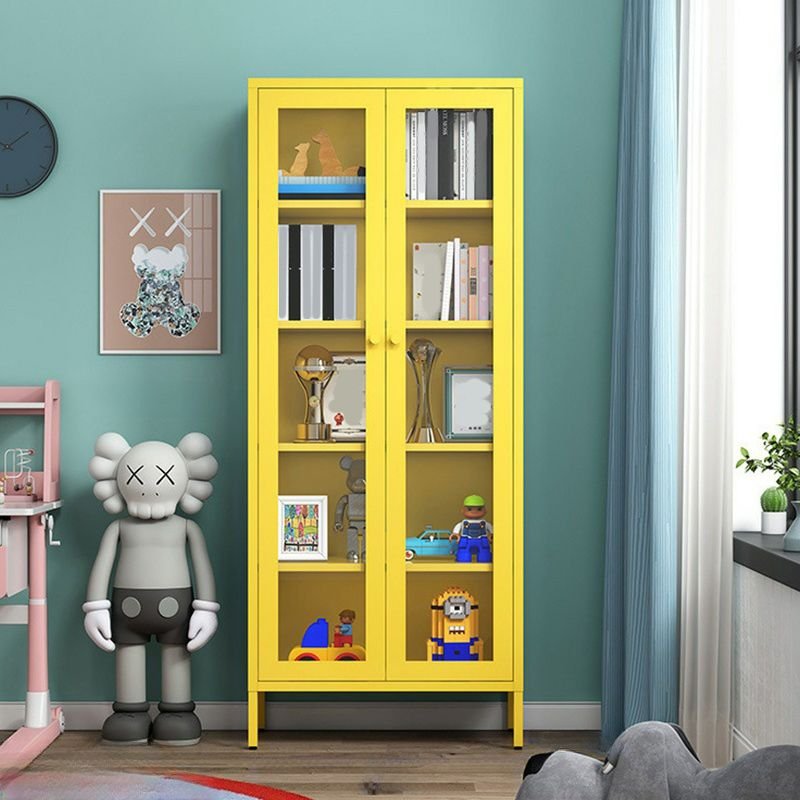 Yellow Metal Water-resistant Utility Storage Cabinet with 4 Shelves Living Room, Yellow, Tempered Glass, 27.6"L x 13.8"W x 70.9"H, High Leg