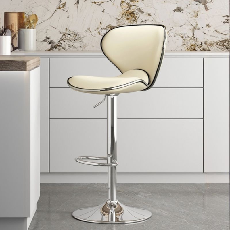 Beige Shell-shaped Back Compressed Air Pub Stool in T-base Stool Design, Cow Leather, Beige