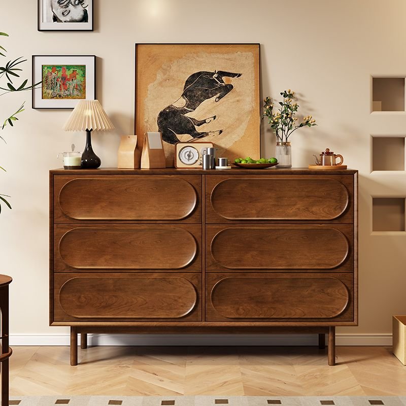 6 Drawers Minimalist Natural Wood Finish Timber Horizontal Double Dresser, Brown, 63"L x 16"W x 35"H