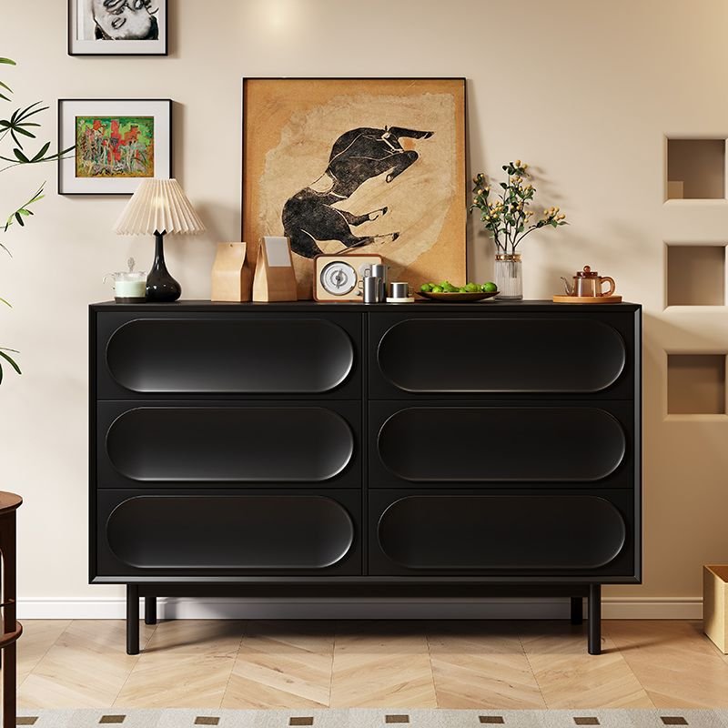 6 Drawers Minimalist Dark Wood Finish Raw Wood Horizontal Double Dresser, Black, 63"L x 16"W x 35"H