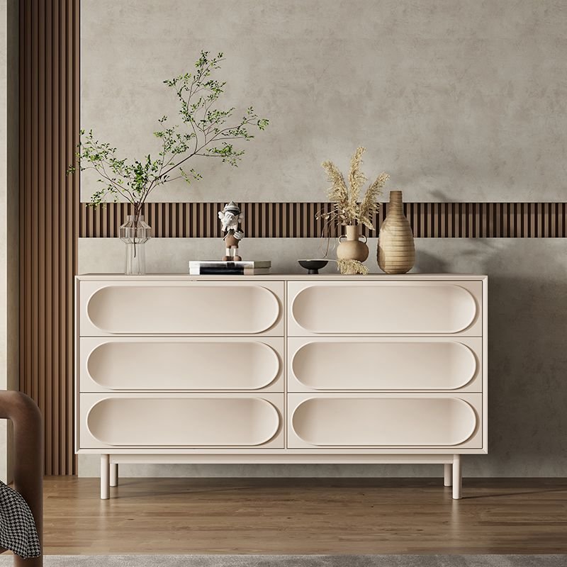 6 Drawers Minimalist Chalky Wood Wood Horizontal Double Dresser, Cream White, 63"L x 16"W x 35"H
