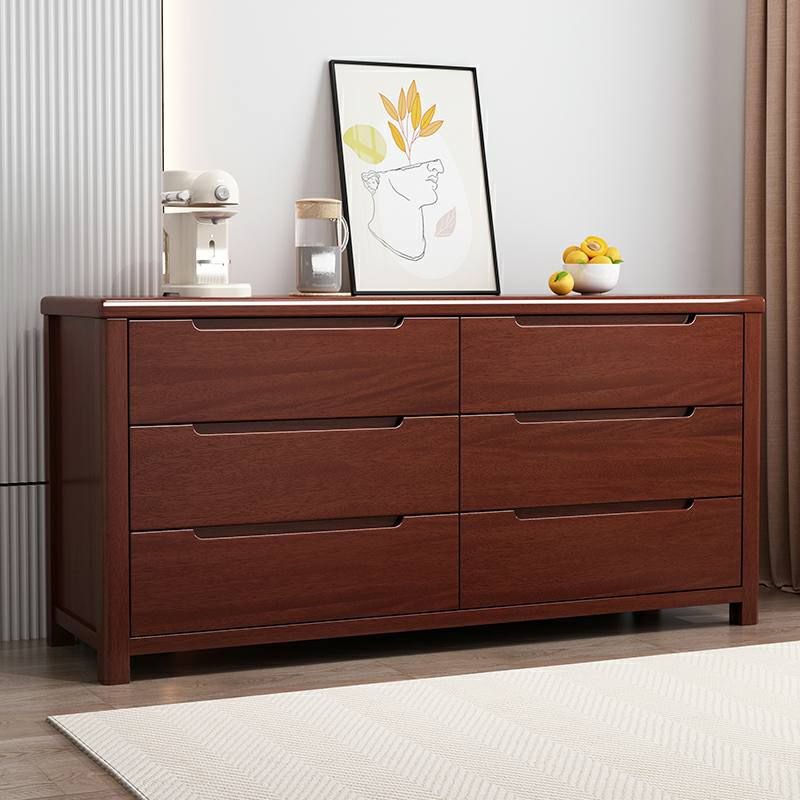6 Drawers Minimalist Raw Wood Horizontal Double Dresser, 59"L x 18"W x 29.5"H, Red Brown