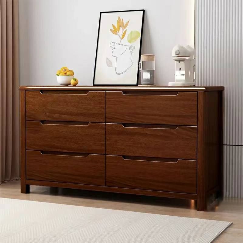 6 Drawers Modern Simple Style Hardwood Horizontal Double Dresser, 59"L x 18"W x 29.5"H, Dark Walnut