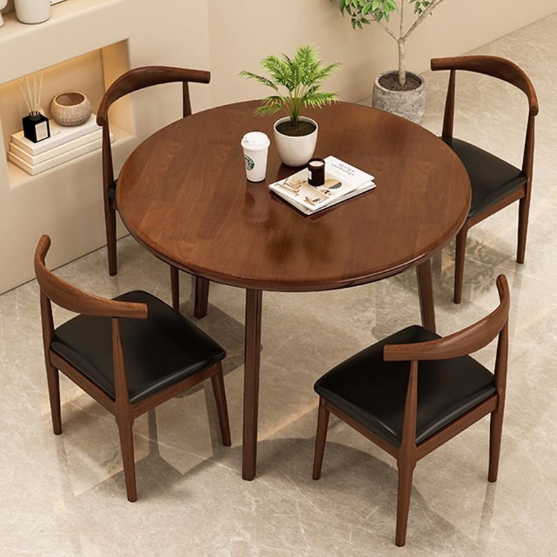 5 Piece Set Circular-shaped Dining Table Set with Three Legs, a Rubberwood Tabletop in Auburn, Back and Upholstered Chair, Table & Chair(s), 27.6"L x 27.6"W x 29.5"H, Nut-Brown