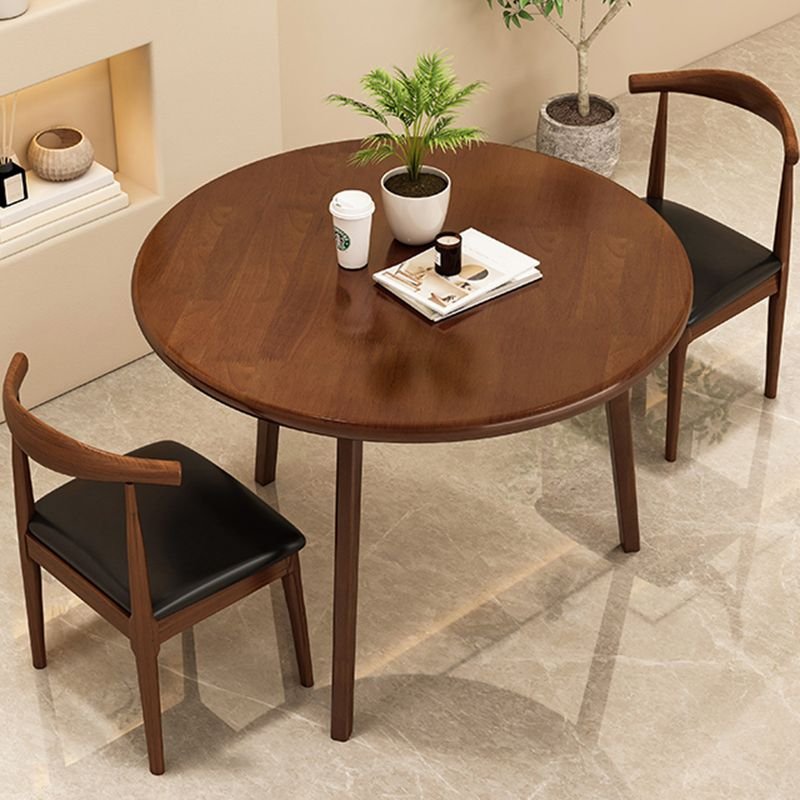 3 Piece Round Dining Table Set with 3 Legs, a Rubberwood Tabletop and Upholstered Chairs, Table & Chair(s), 27.6"L x 27.6"W x 29.5"H, Nut-Brown