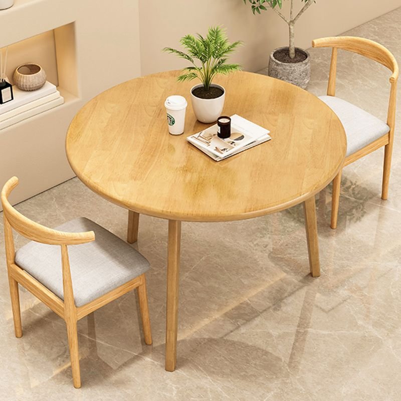 3 Piece Round Dining Table Set in Natural Finish with 3 Legs and a Rubberwood Tabletop, Table & Chair(s), 27.6"L x 27.6"W x 29.5"H, Natural