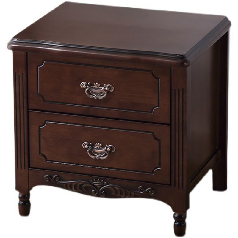 2 Drawers Old School Wood Drawer Storage Bedside Table with Leg, Walnut