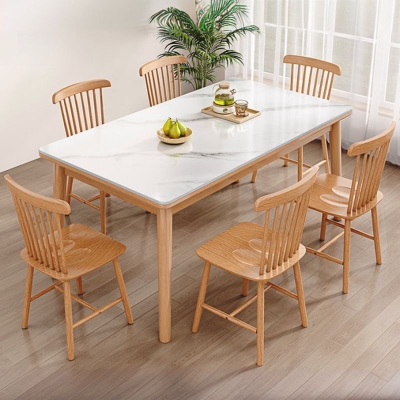 Simple 7 Piece Set Fixed Rectangular Dining Table Set with 4 Legs, a Chalk Slate Tabletop and Windsor Chairs, Table & Chair(s), 55.1"L x 31.5"W x 29.5"H, 33.9"H x 17.7"W x 17.7"D