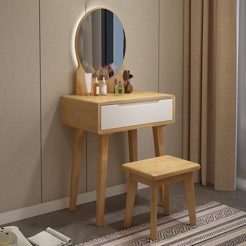 Natural Color Seating, Ground Design Push-Pull Vanity, No Floating for Sleeping Room, Makeup Vanity & Stools, Natural/ White