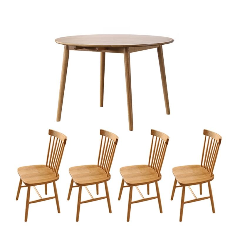 Casual Rounnd Dining Table Set with a Wood Grain Oak Tabletop and Windsor Back Chairs for Dining Table for 4, Table & Chair(s), 5 Piece Set, 43.3"L x 43.3"W x 29.5"H, White Oak