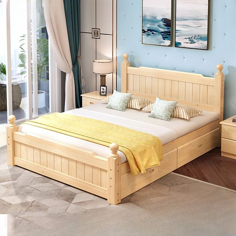 Unfinished Color Solid Color Lumber Storage Panel Bed with Panel Headboard & 2 Drawers Bedroom, Tool-Free Assembly, Storage Included, 71"W x 79"L