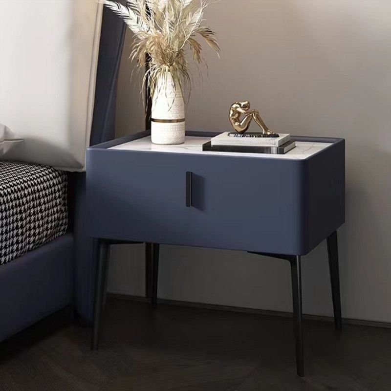 1 Tier Modern Simple Style Sintered Stone Drawer Storage Nightstand, 1 Drawer, Dark Blue, 20"L x 16"W x 20"H
