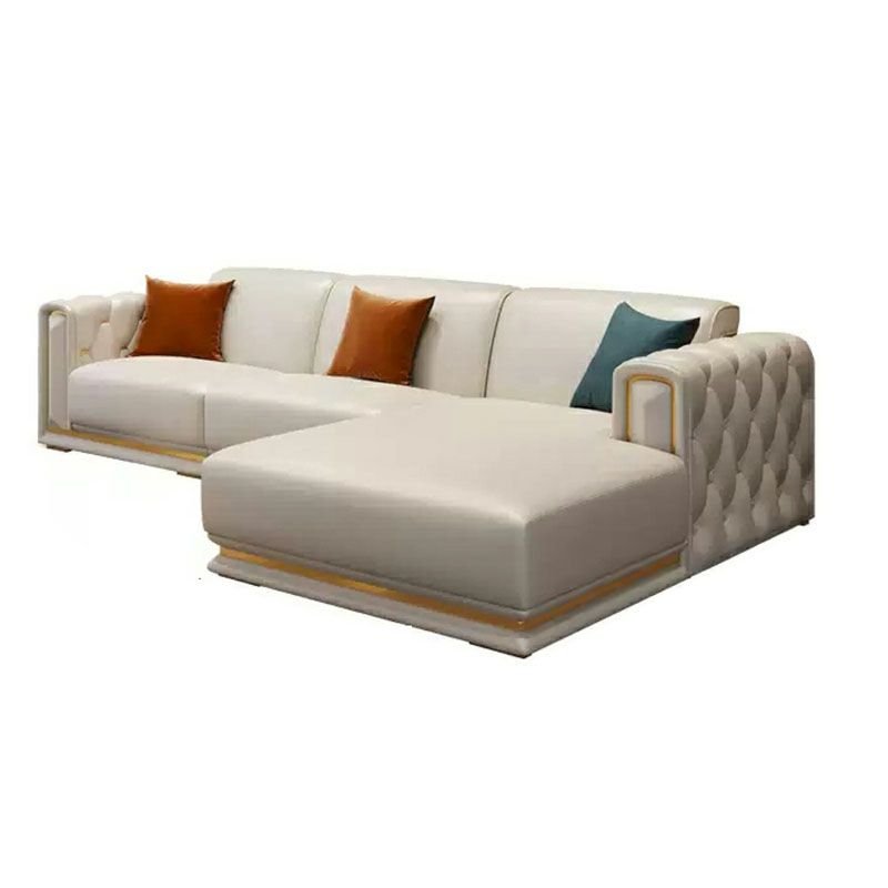 Glam Genuine Leather Sofa and Chaise in Beige with Square Arm - Right Nappa 114"L x 67"W x 31"H