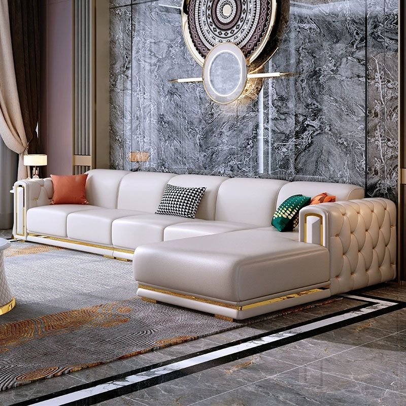 Glam Genuine Leather Sofa and Chaise in Beige with Square Arm - 154"L x 71"W x 31"H Nappa Right