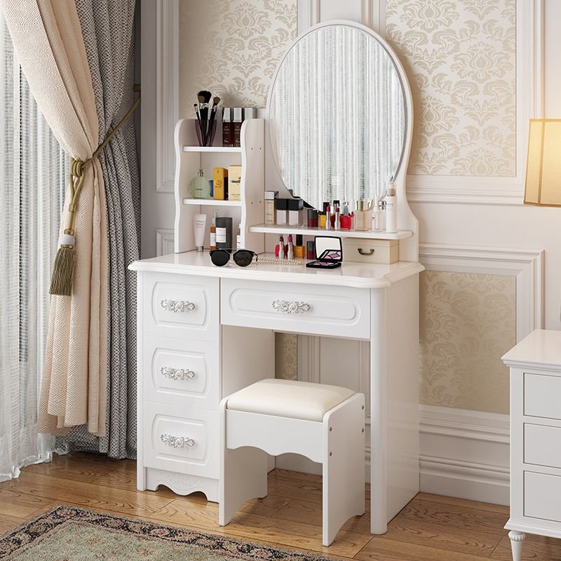 Composite Wood No Floating Floor Vanity with Tabletop Storage & Push-Pull Drawers Bedroom, Makeup Vanity & Stools, Left, 28"L x 16"W x 55"H