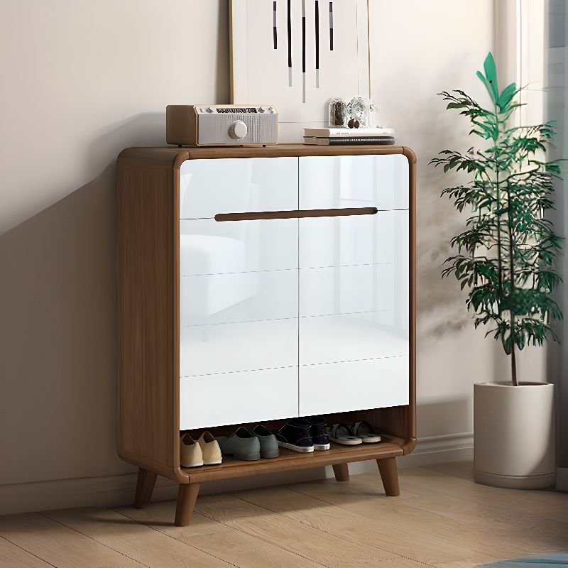 Accessible Storage White Solid+ Composite Wood Shoe Displays with Drawers, Cabinet Door, Adaptable Shelf, and Closed Back, 33"L x 14"W x 40"H