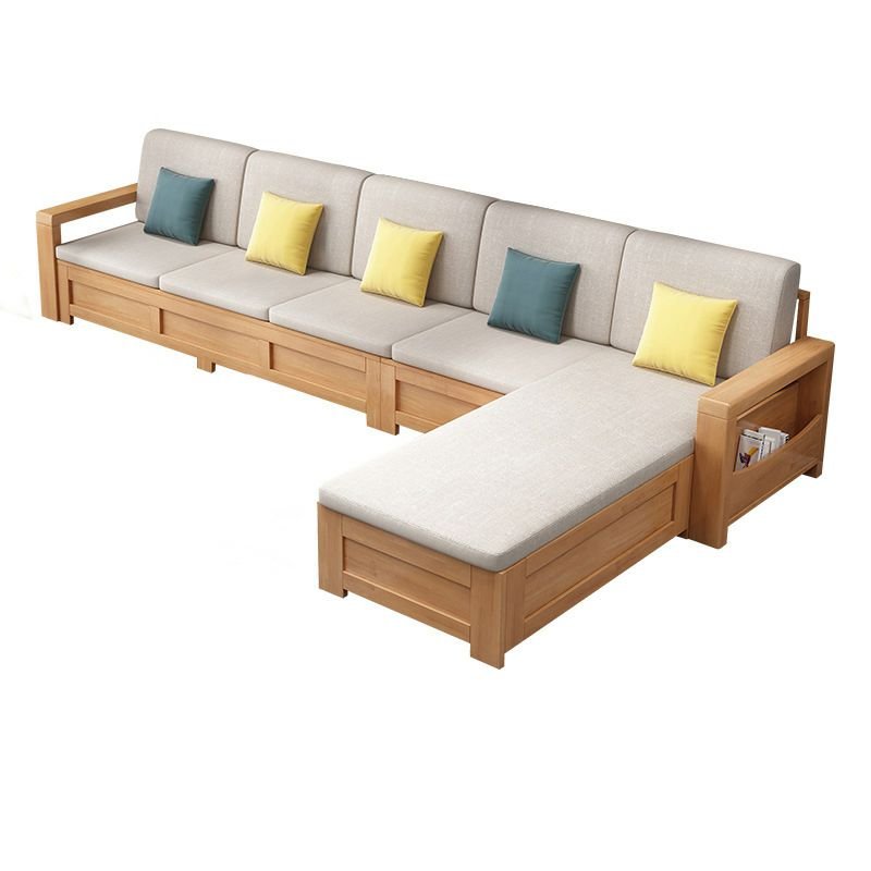 5 Person Scandinavian L-Shape Rubberwood Reversible Corner Sectional with Concealed Support & Shelves, Cotton and Linen, 135"L x 68"W x 33"H