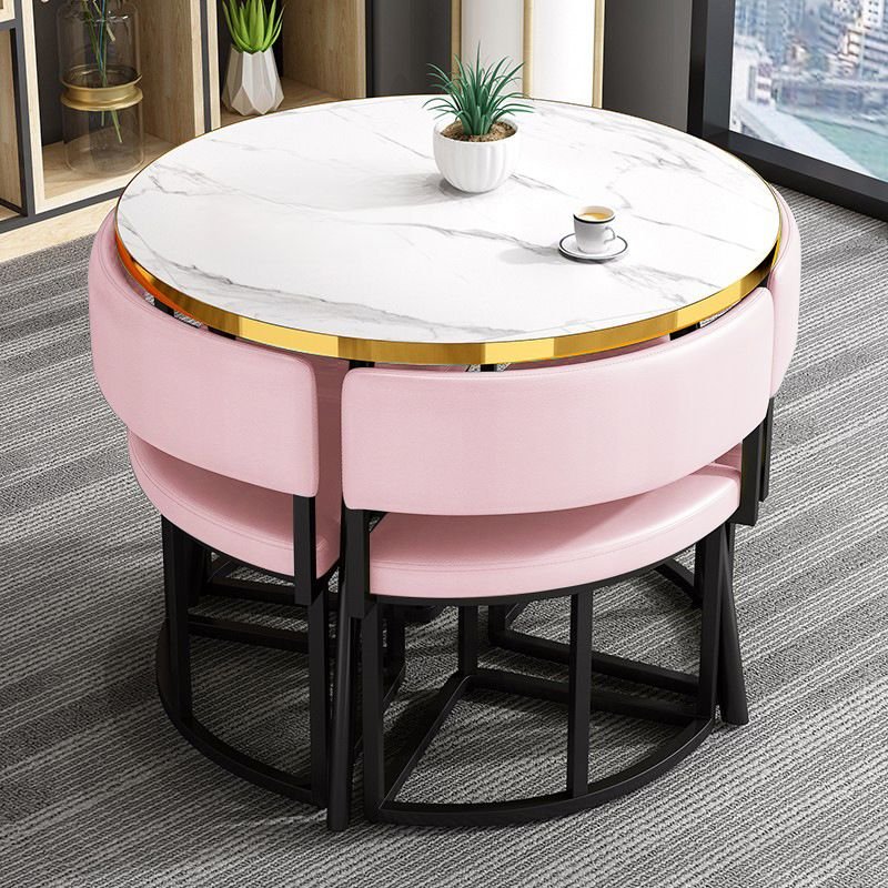 Art Deco Cushion Chair Circular-shaped White Recycled Wood Dining Table Set with Upholstered Back and 5 Piece Set, Table & Chair(s), Pink, 31.5"L x 31.5"W x 29.5"H